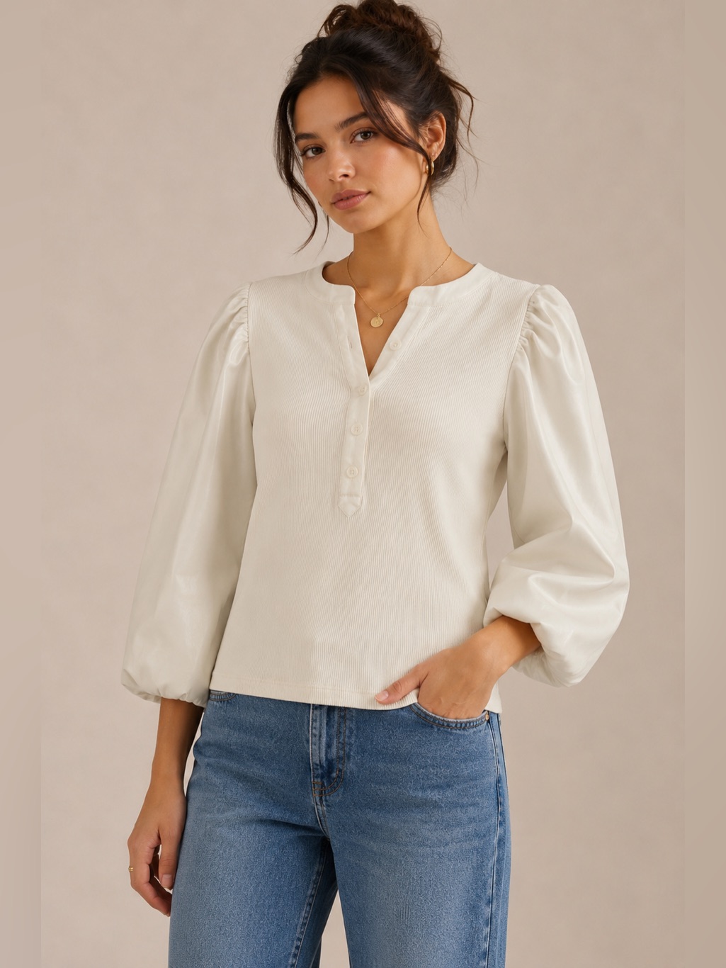 Chicos Off White Ribbed Blouse With Vegan Leather Puff Sleeves M Cotton Stretch